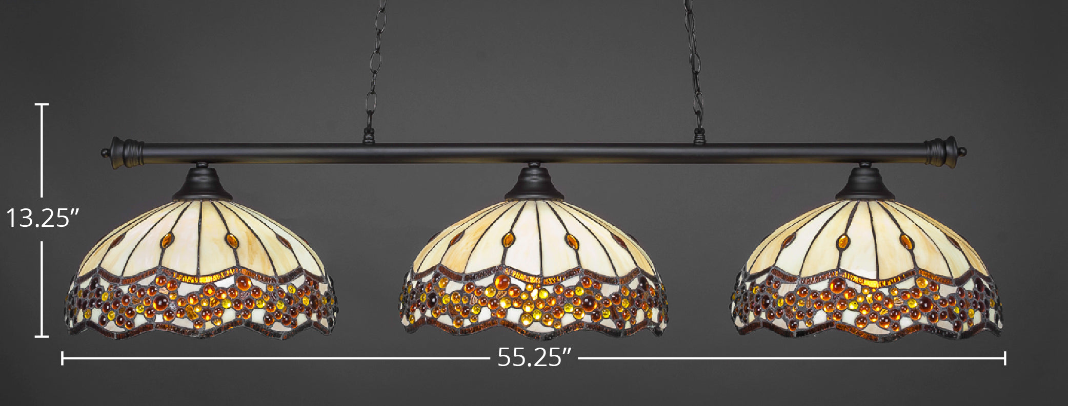 Oxford Three Light Bar in Matte Black with 16" Roman Jewel Art Glass Shade