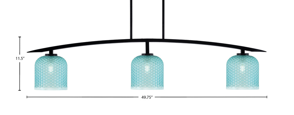 Kurve Three Light Bar in Matte Black with Turquoise Textured Glass Shade