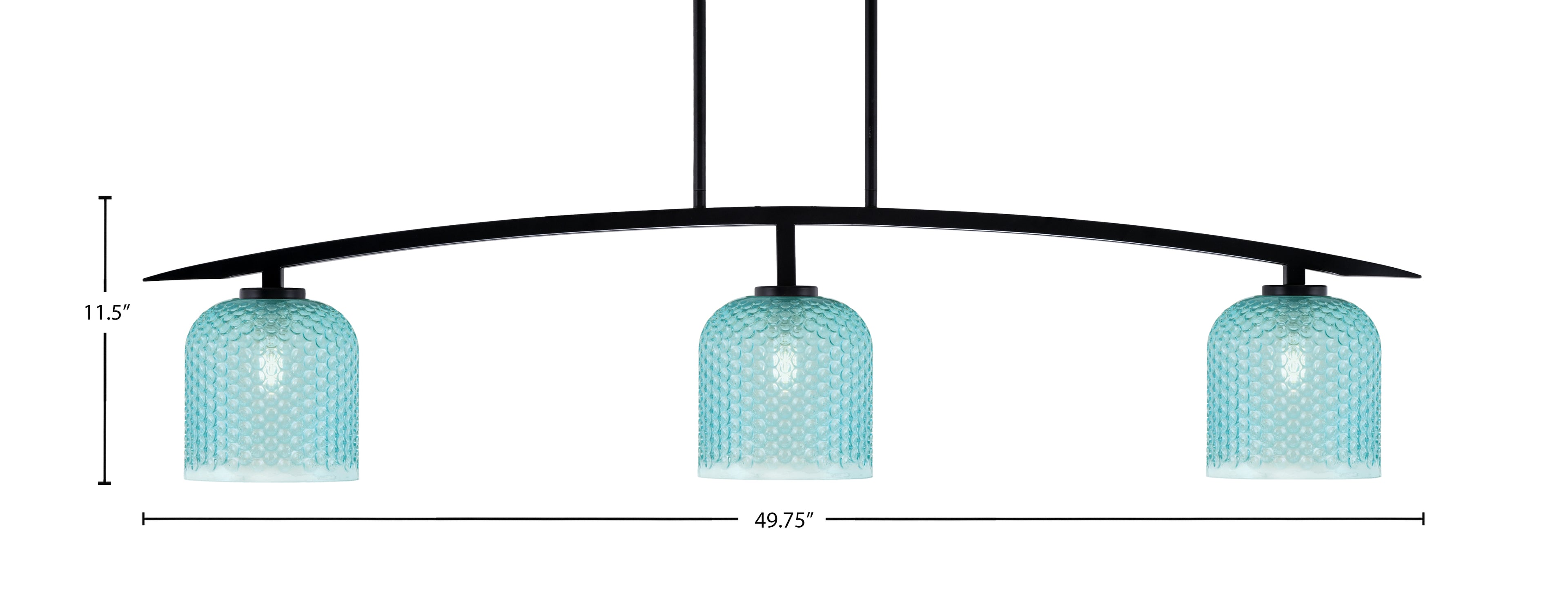 Kurve Three Light Bar in Matte Black with Turquoise Textured Glass Shade