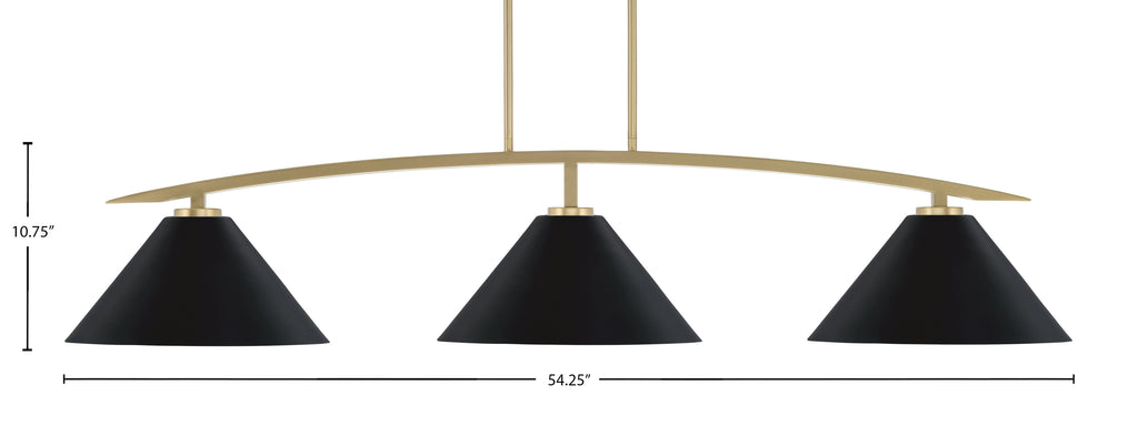 Kurve Three Light Bar in New Age Brass with Matte Black Cone Metal Shades Shade