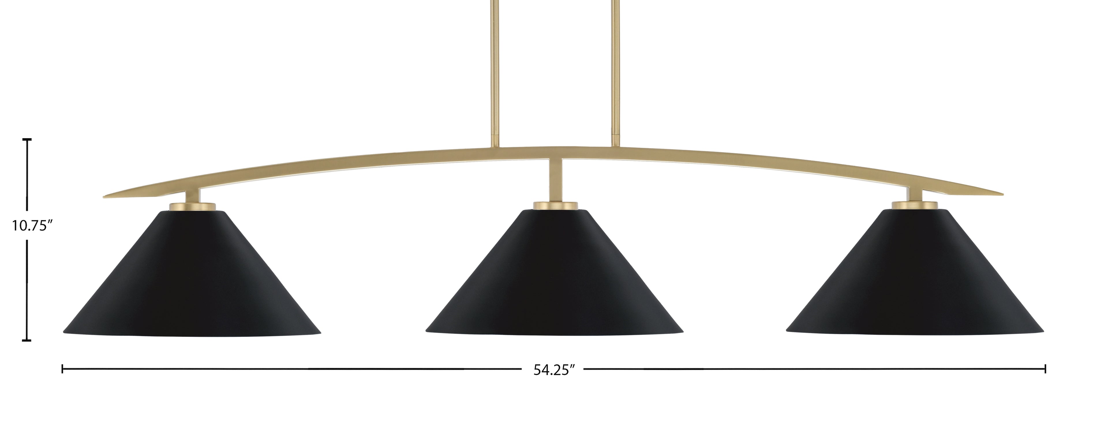 Kurve Three Light Bar in New Age Brass with Matte Black Cone Metal Shades Shade
