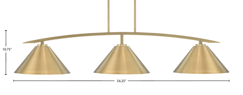 Kurve Three Light Bar in New Age Brass with New Age Brass Cone Metal Shades Shade