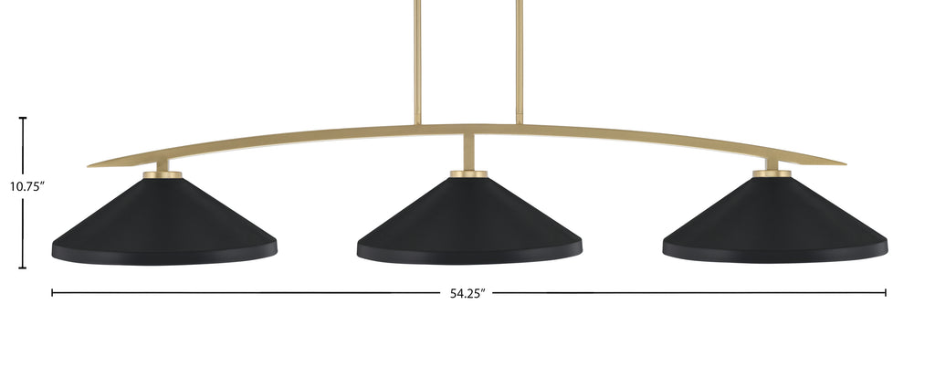Kurve Three Light Bar in New Age Brass with Matte Black Cone Metal Shades Shade