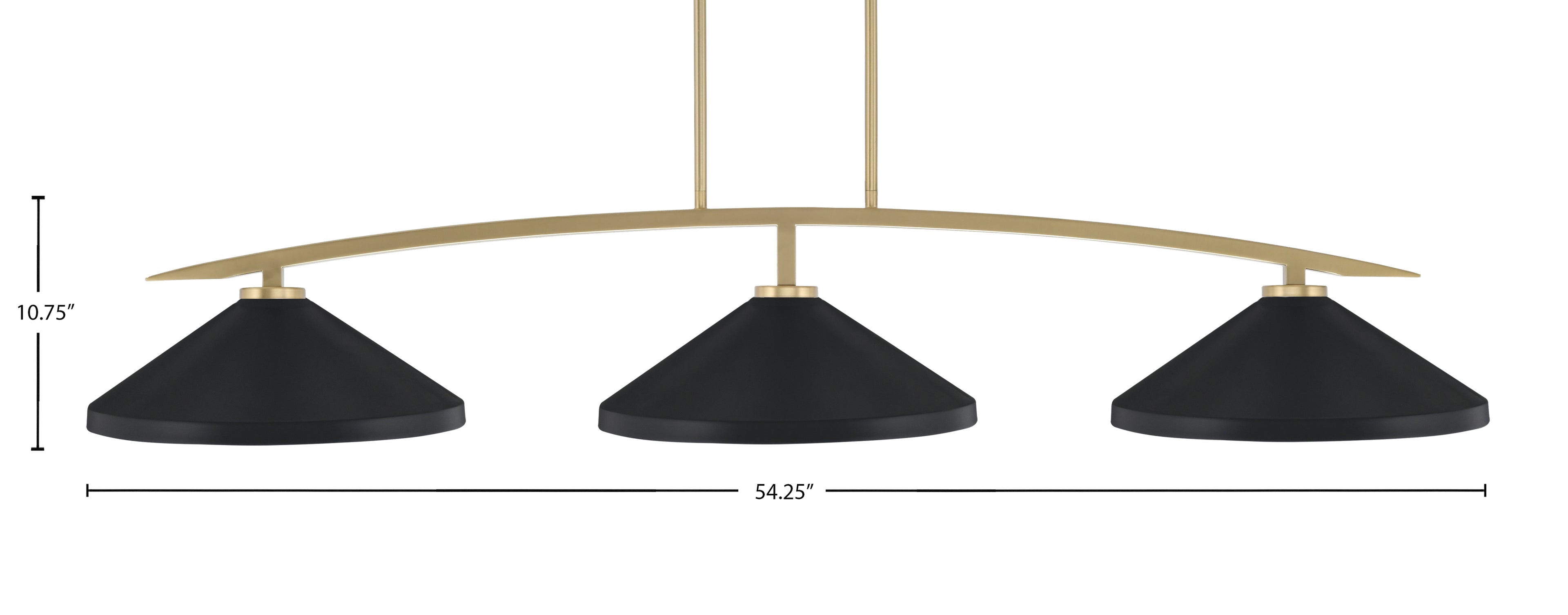 Kurve Three Light Bar in New Age Brass with Matte Black Cone Metal Shades Shade