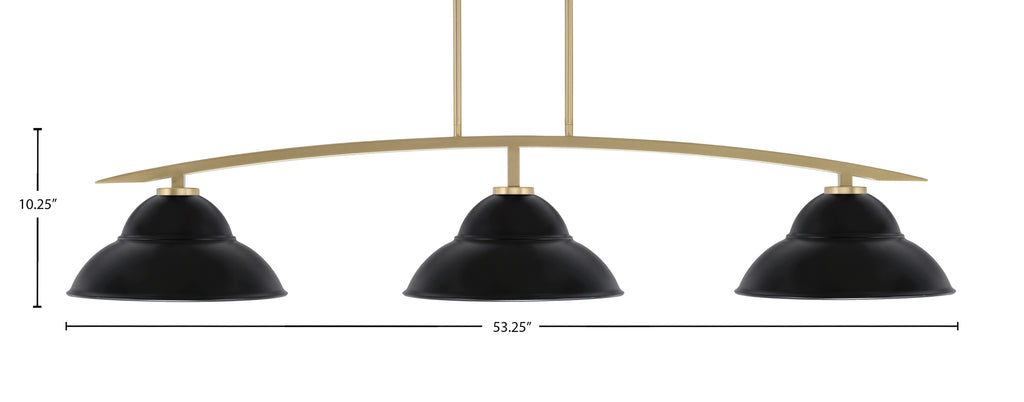 Kurve Three Light Bar in New Age Brass with Matte Black Double Bubble Metal Shades Shade