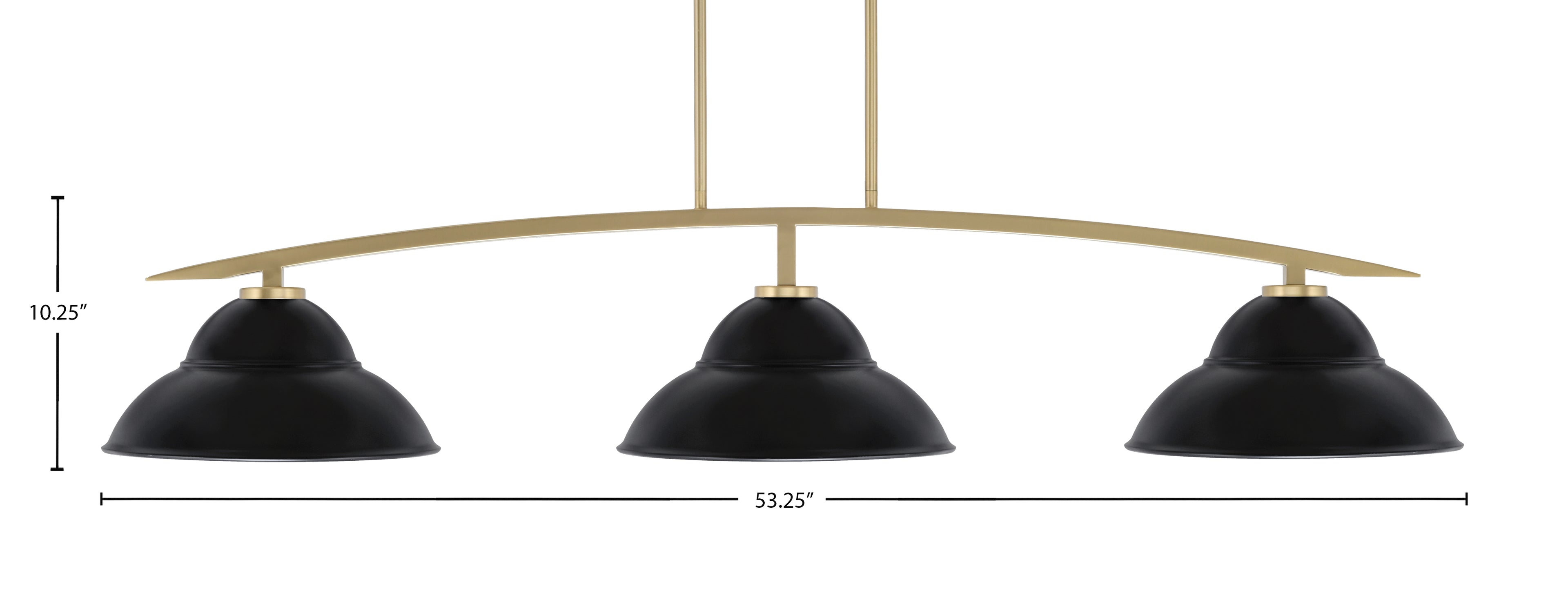 Kurve Three Light Bar in New Age Brass with Matte Black Double Bubble Metal Shades Shade