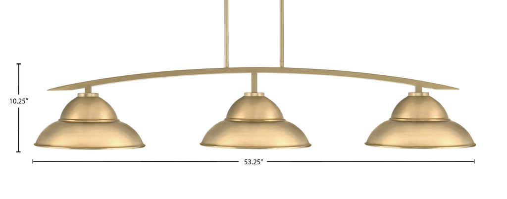 Kurve Three Light Bar in New Age Brass with New Age Brass Double Bubble Metal Shades Shade