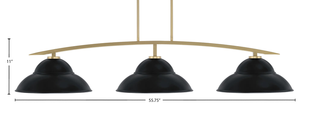 Kurve Three Light Bar in New Age Brass with Matte Black Double Bubble Metal Shades Shade