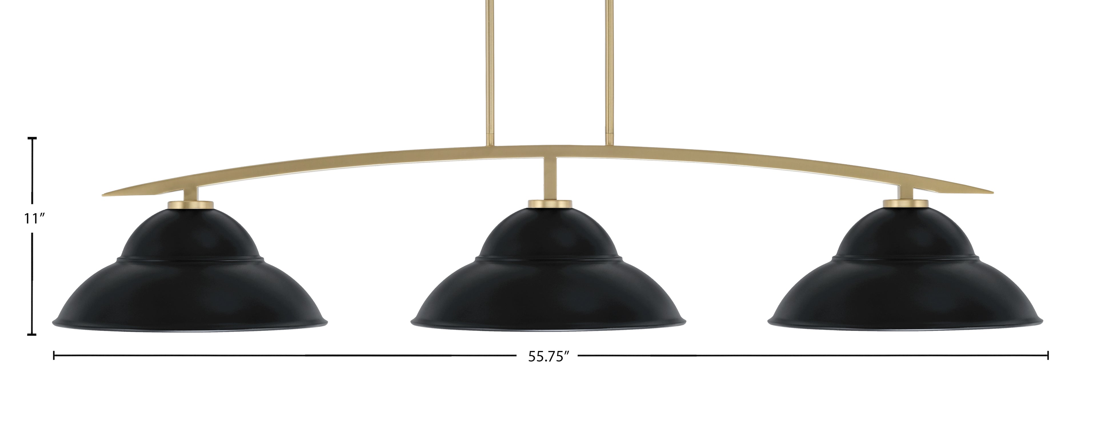 Kurve Three Light Bar in New Age Brass with Matte Black Double Bubble Metal Shades Shade