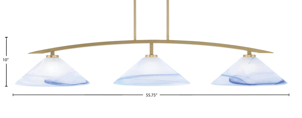 Kurve Three Light Bar in New Age Brass with Blue Swirl Shade