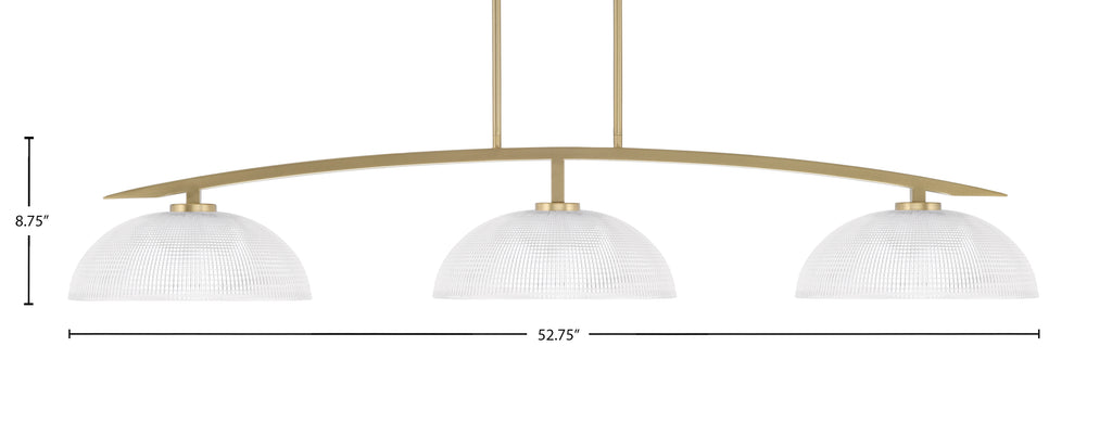 Kurve Three Light Bar in New Age Brass with Clear Ribbed Shade