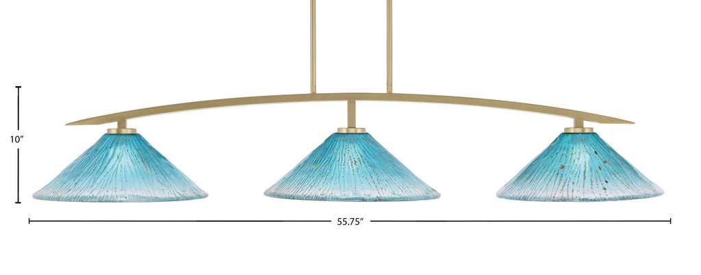 Kurve Three Light Bar in New Age Brass with Teal Crystal Shade