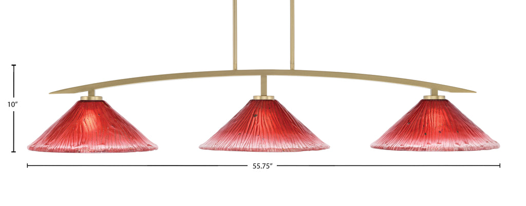 Kurve Three Light Bar in New Age Brass with 16" Raspberry Crystal Shade