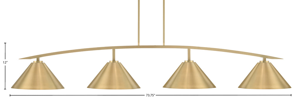 Kurve Four Light Bar in New Age Brass with New Age Brass Cone Metal Shades Shade