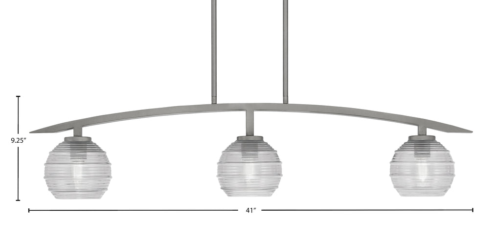Kurve Three Light Island Pendant in Graphite with Clear Ribbed Shade