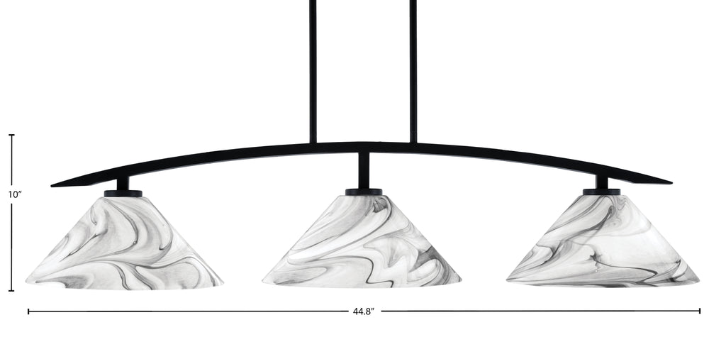 Kurve Three Light Island Pendant in Matte Black with Onyx Swirl Shade