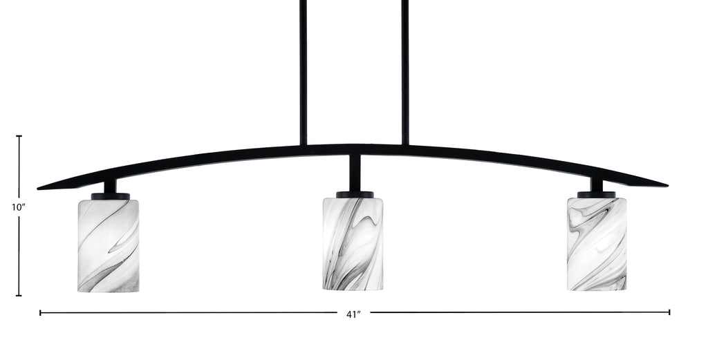 Kurve Three Light Island Pendant in Matte Black with Onyx Swirl Shade
