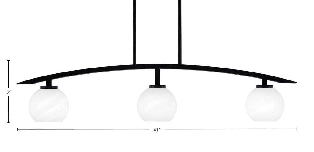Kurve Three Light Island Pendant in Matte Black with White Marble Shade