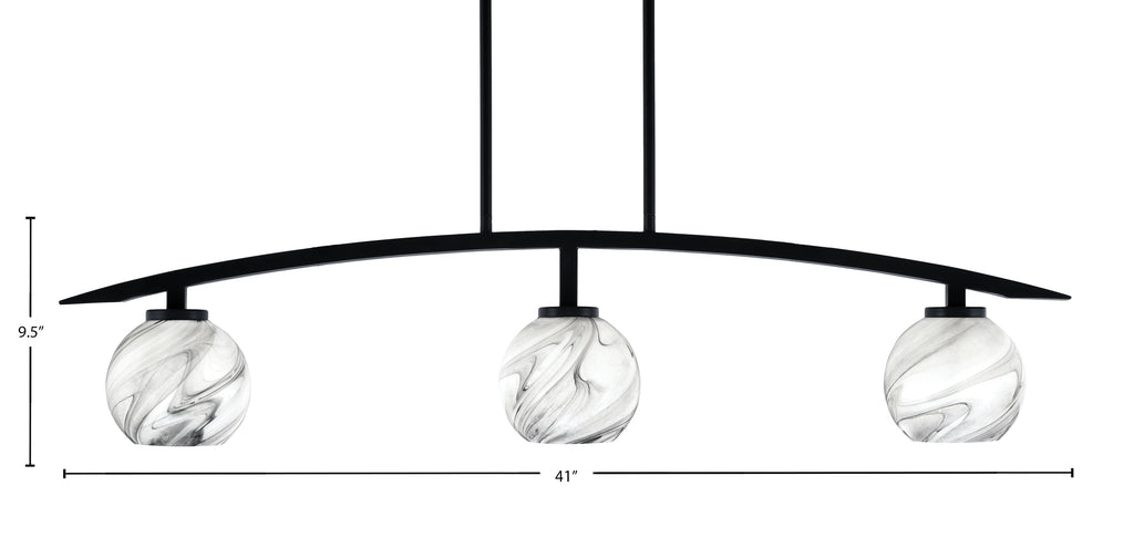 Kurve Three Light Island Pendant in Matte Black with Onyx Swirl Shade