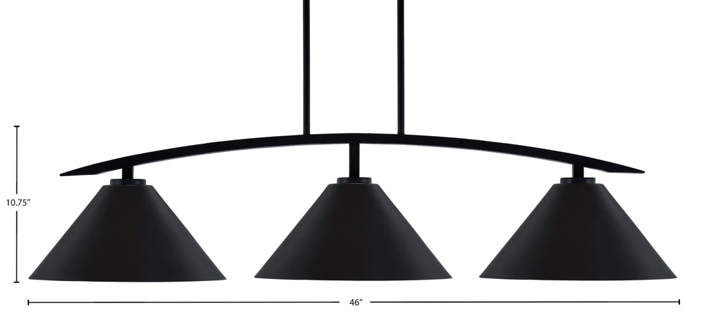 Kurve Three Light Island Pendant in Matte Black with Matte Black Cone Metal Shade