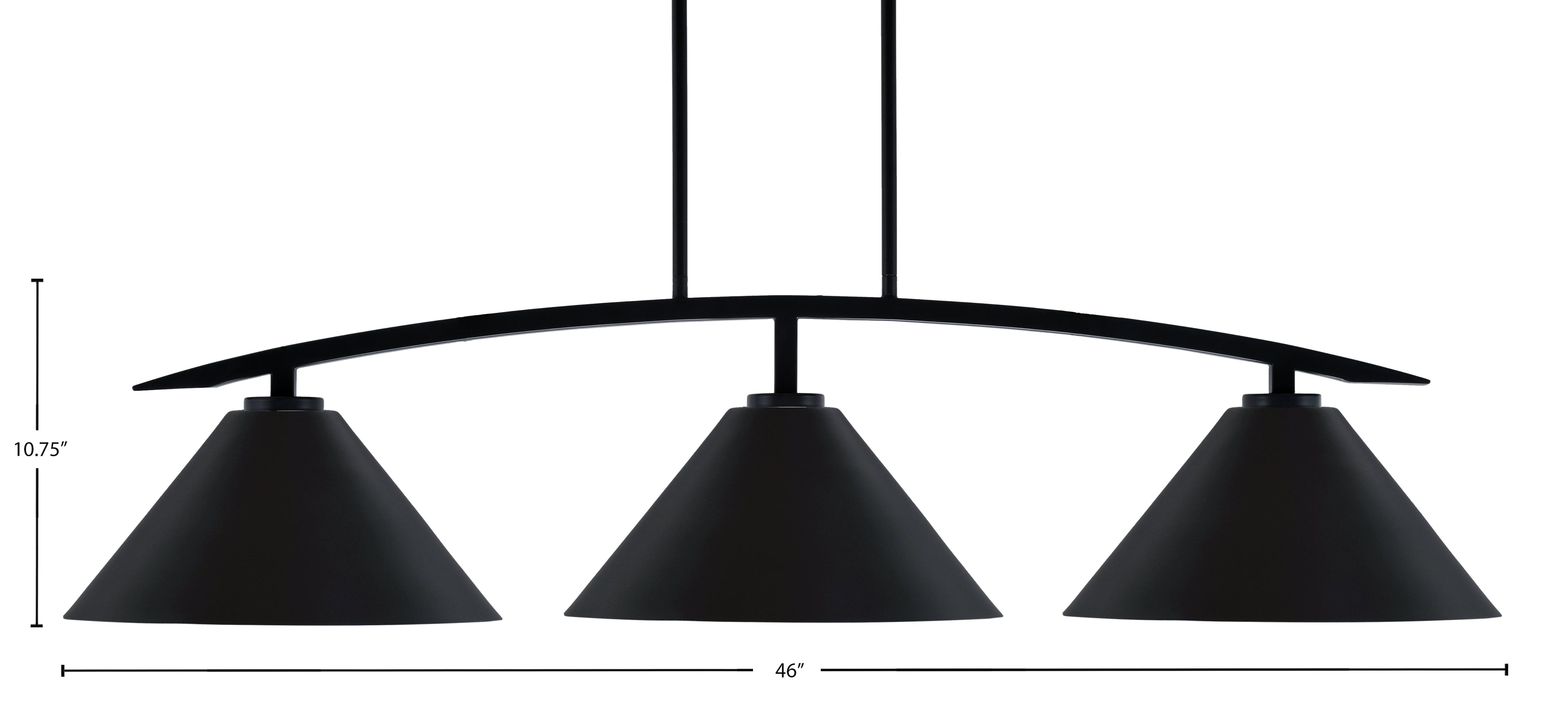 Kurve Three Light Island Pendant in Matte Black with Matte Black Cone Metal Shade