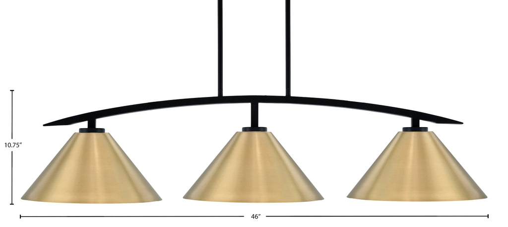 Kurve Three Light Island Pendant in Matte Black with New Age Brass Cone Metal Shade