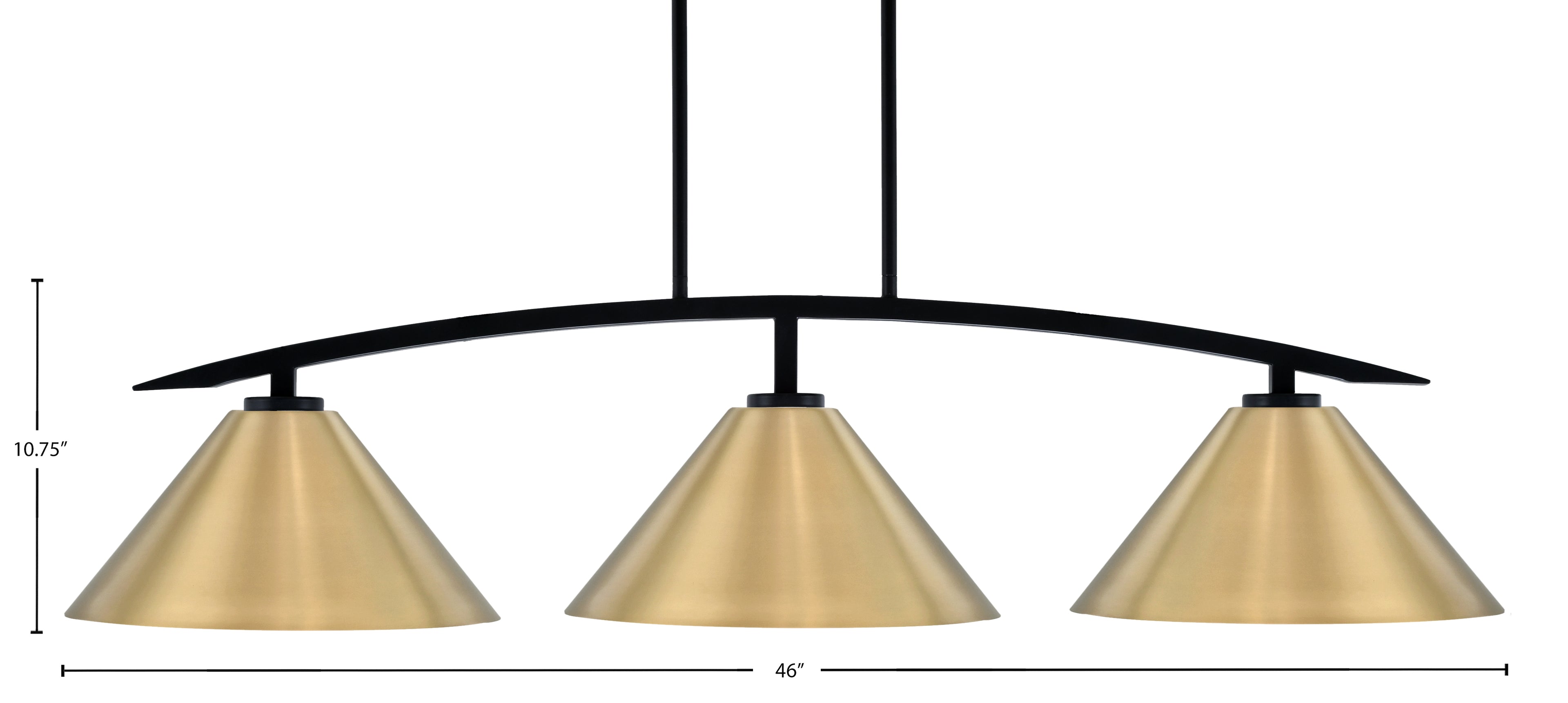 Kurve Three Light Island Pendant in Matte Black with New Age Brass Cone Metal Shade