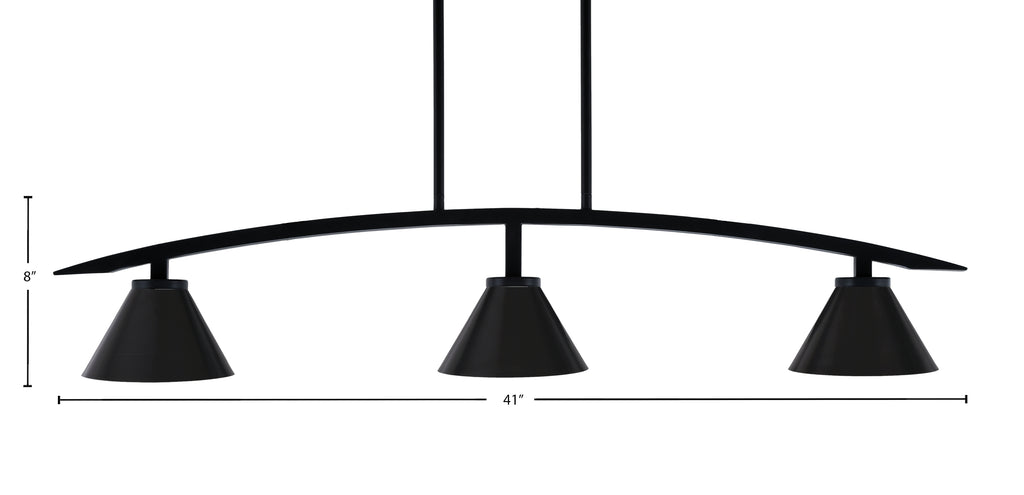 Kurve Three Light Island Pendant in Matte Black with Matte Black Cone Metal Shade