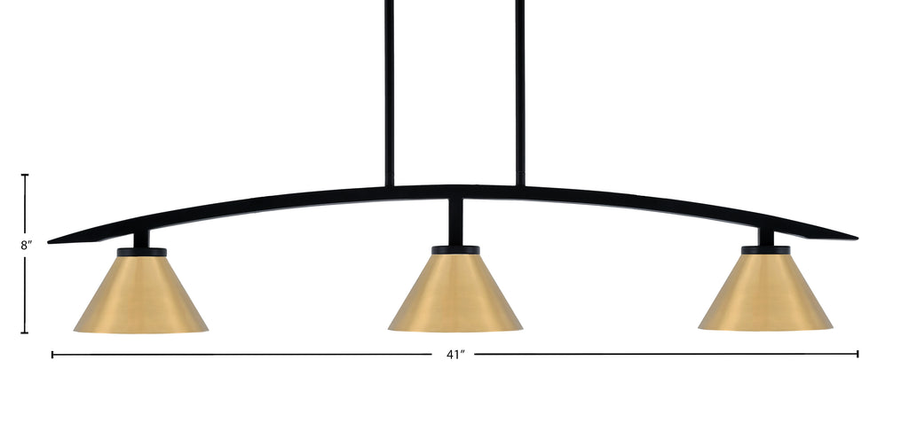 Kurve Three Light Island Pendant in Matte Black with New Age Brass Cone Metal Shade
