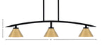 Kurve Three Light Island Pendant in Matte Black with New Age Brass Cone Metal Shade