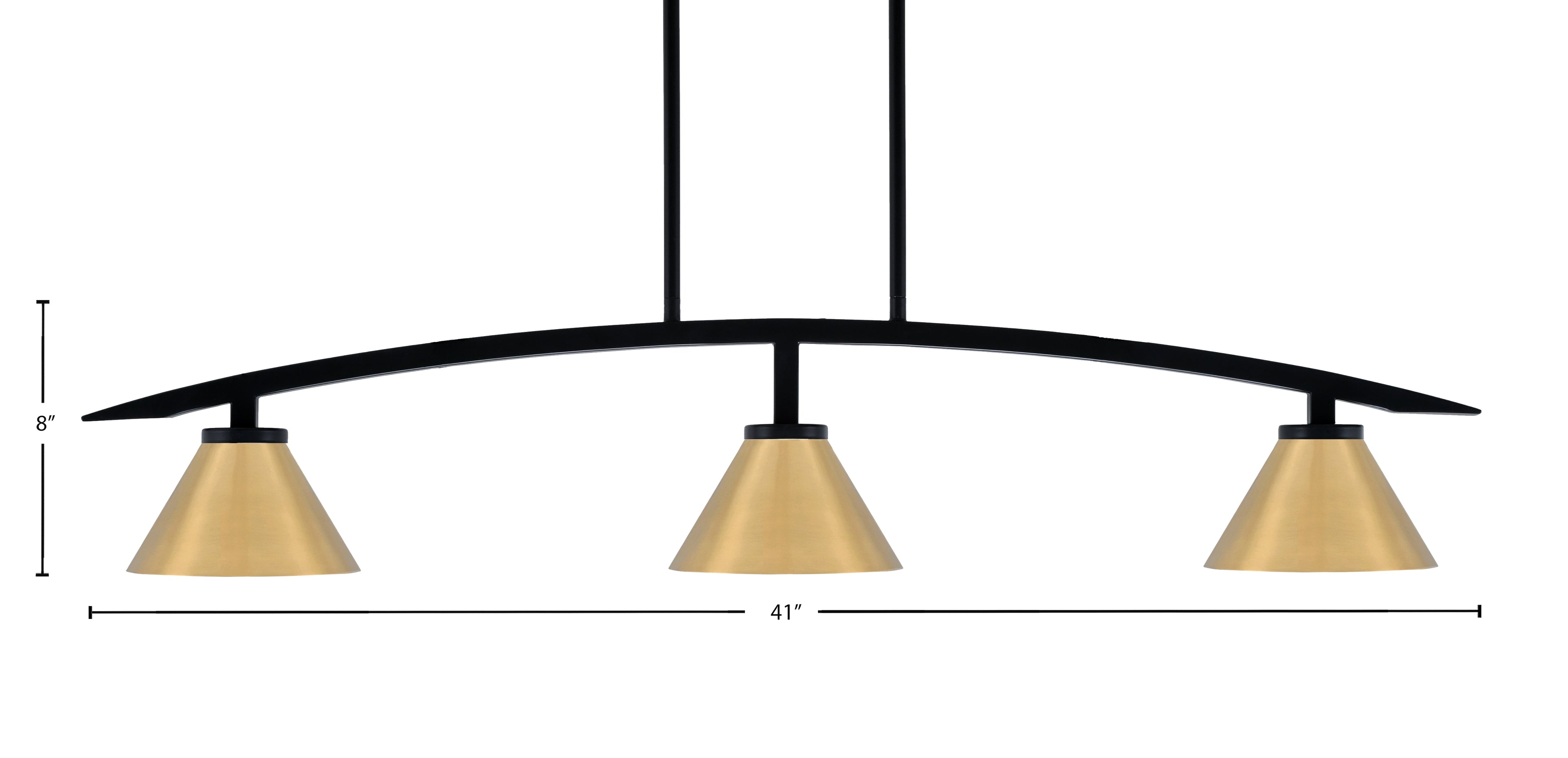 Kurve Three Light Island Pendant in Matte Black with New Age Brass Cone Metal Shade