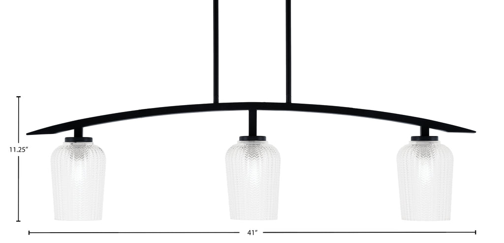 Kurve Three Light Island Pendant in Matte Black with Clear Textured Shade
