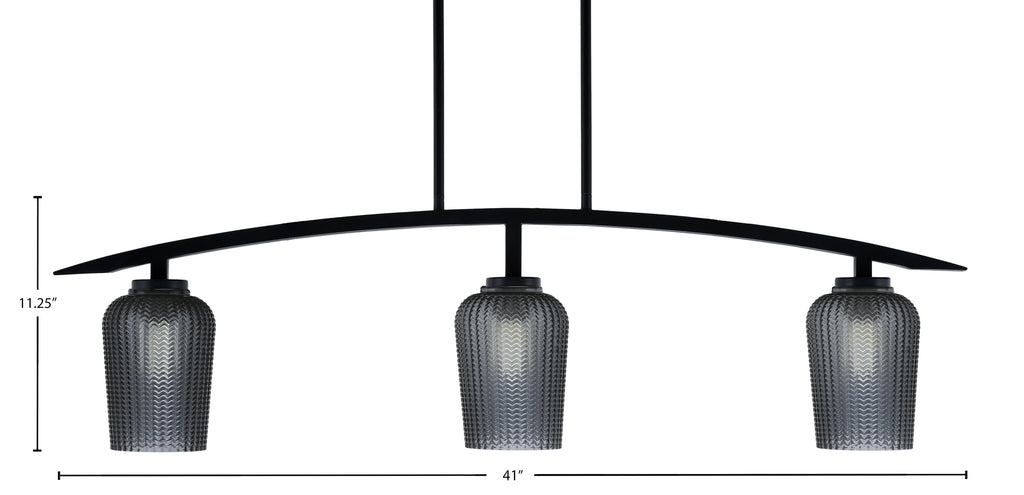 Kurve Three Light Island Pendant in Matte Black with Smoke Textured Shade