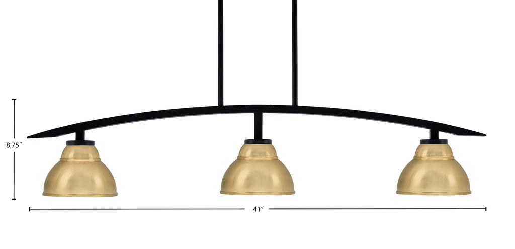 Kurve Three Light Island Pendant in Matte Black with New Age Brass Double Bubble Metal Shade