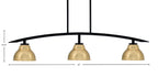 Kurve Three Light Island Pendant in Matte Black with New Age Brass Double Bubble Metal Shade