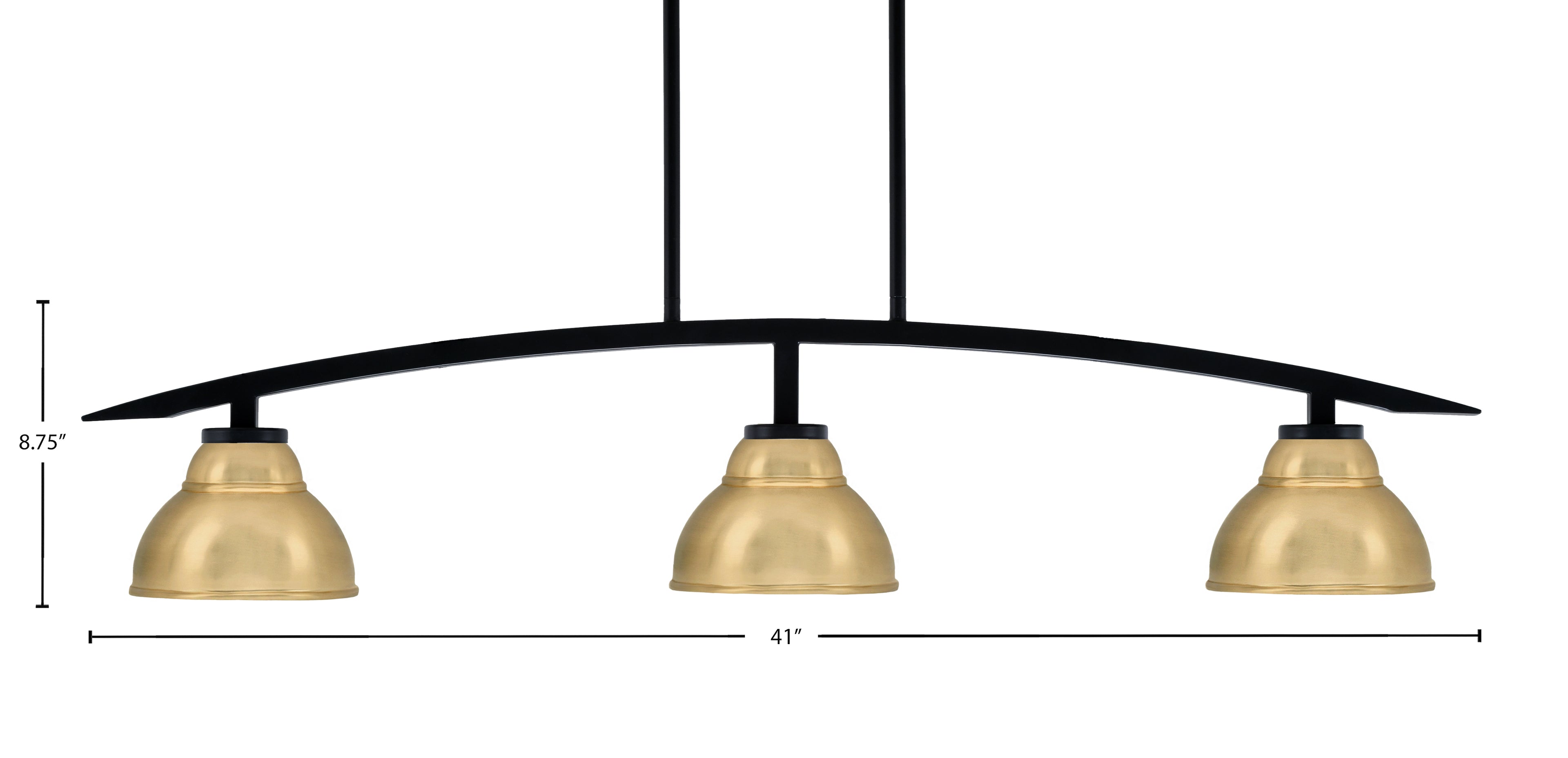 Kurve Three Light Island Pendant in Matte Black with New Age Brass Double Bubble Metal Shade