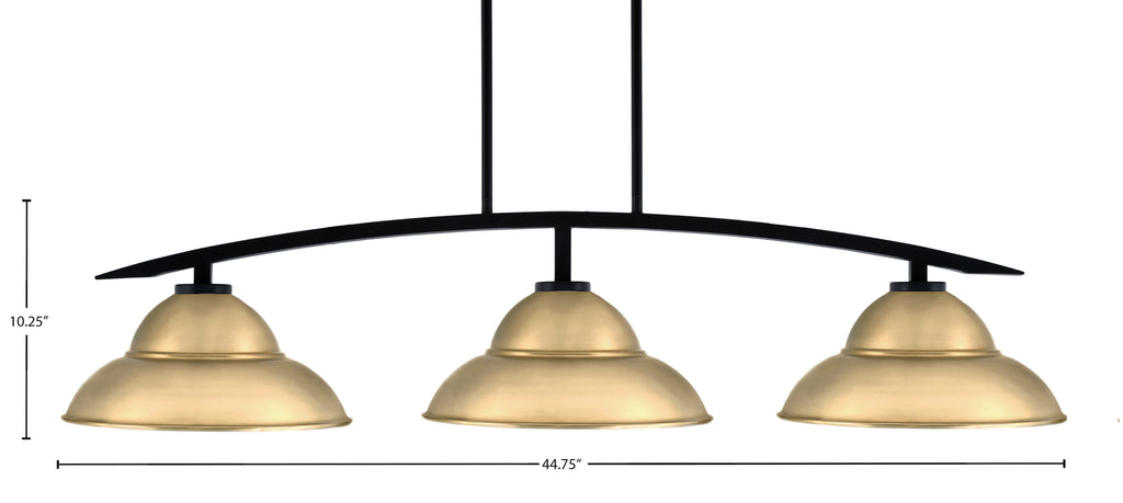 Kurve Three Light Island Pendant in Matte Black with New Age Brass Double Bubble Metal Shade