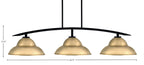 Kurve Three Light Island Pendant in Matte Black with New Age Brass Double Bubble Metal Shade