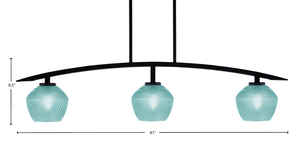 Kurve Three Light Island Pendant in Matte Black with Turquoise Textured Shade