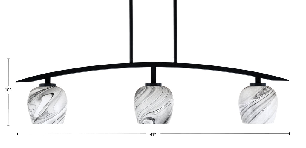 Kurve Three Light Island Pendant in Matte Black with Onyx Swirl Shade