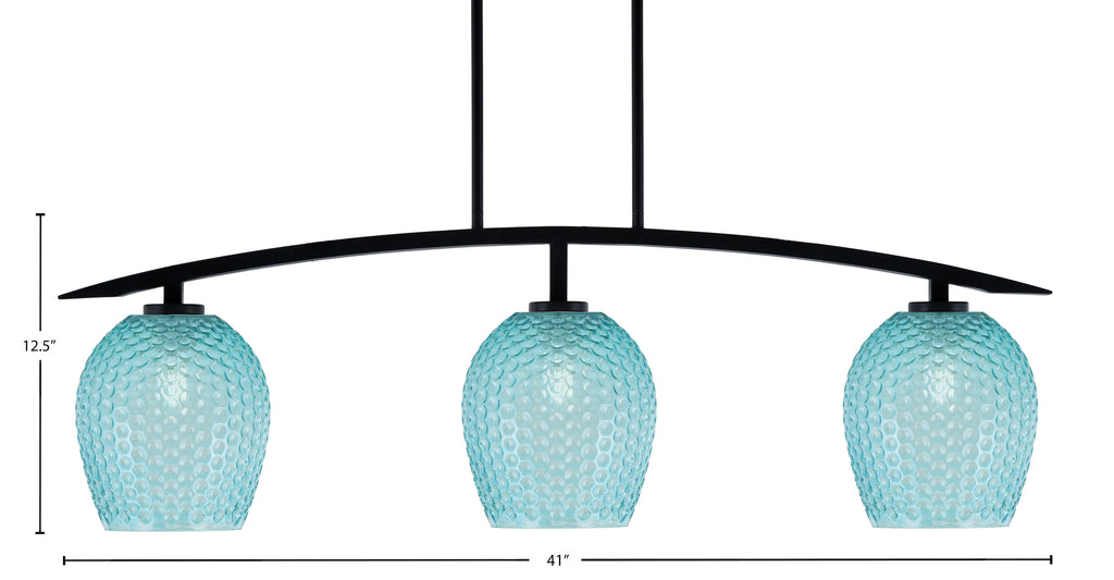 Kurve Three Light Island Pendant in Matte Black with Turquoise Textured Shade
