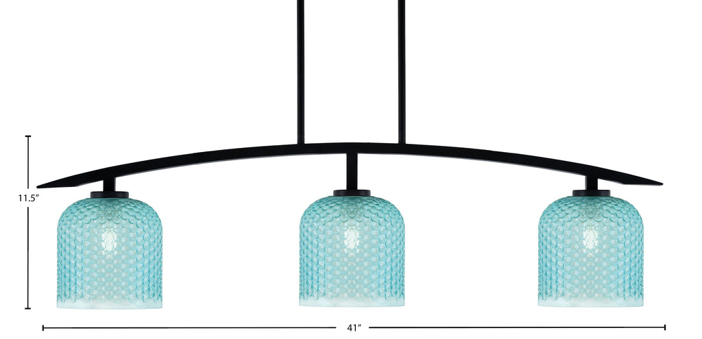 Kurve Three Light Island Pendant in Matte Black with Turquoise Textured Shade