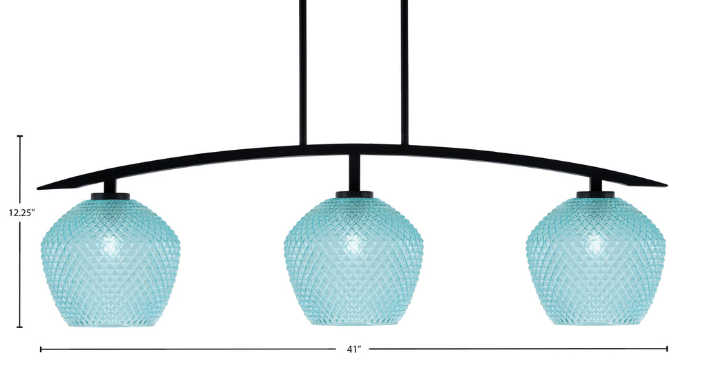 Kurve Three Light Island Pendant in Matte Black with Turquoise Textured Shade