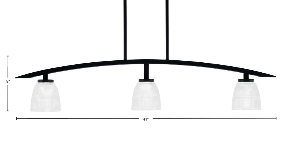Kurve Three Light Island Pendant in Matte Black with Clear Ribbed Shade