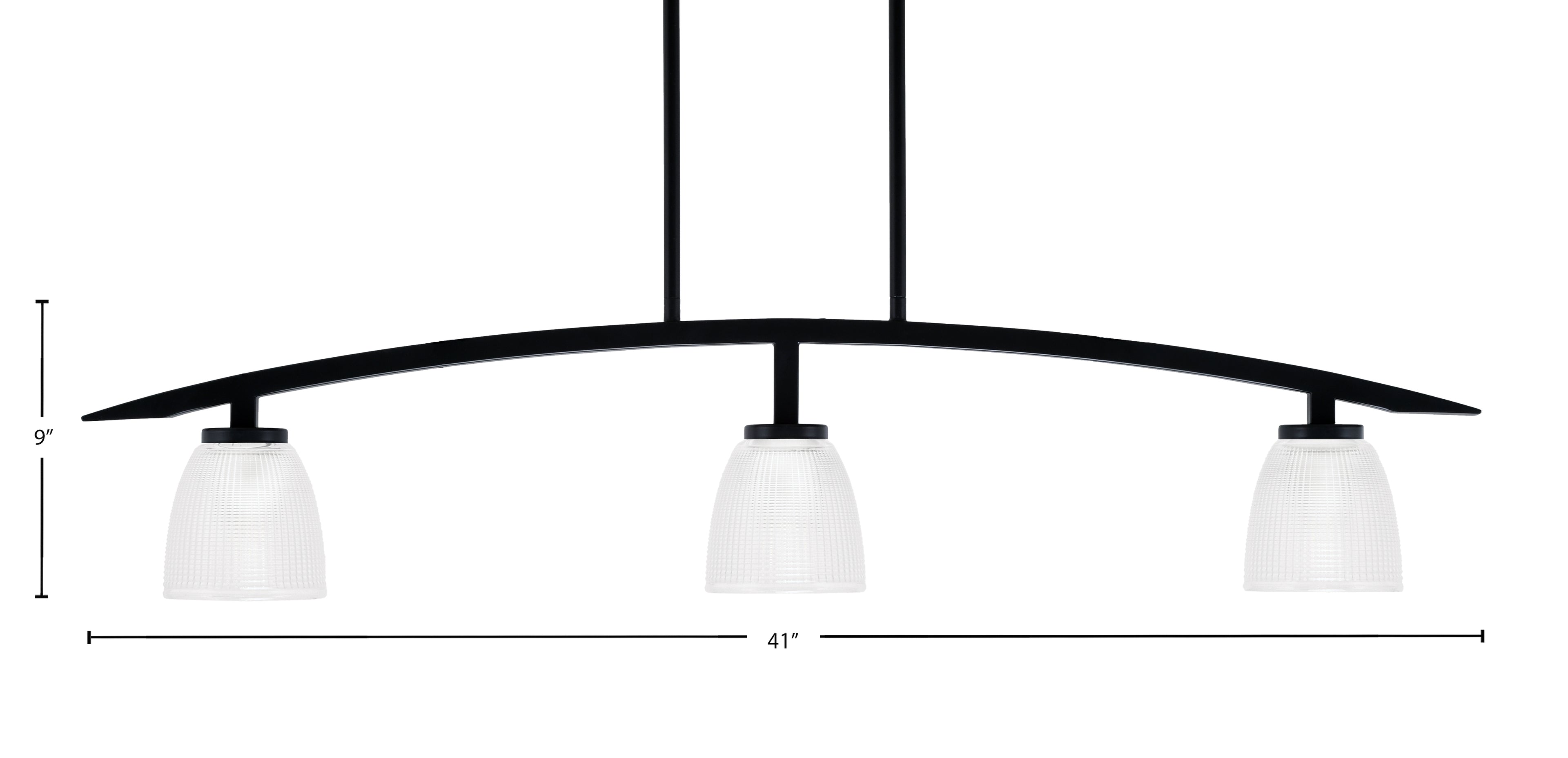 Kurve Three Light Island Pendant in Matte Black with Clear Ribbed Shade