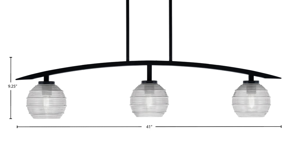 Kurve Three Light Island Pendant in Matte Black with Clear Ribbed Shade