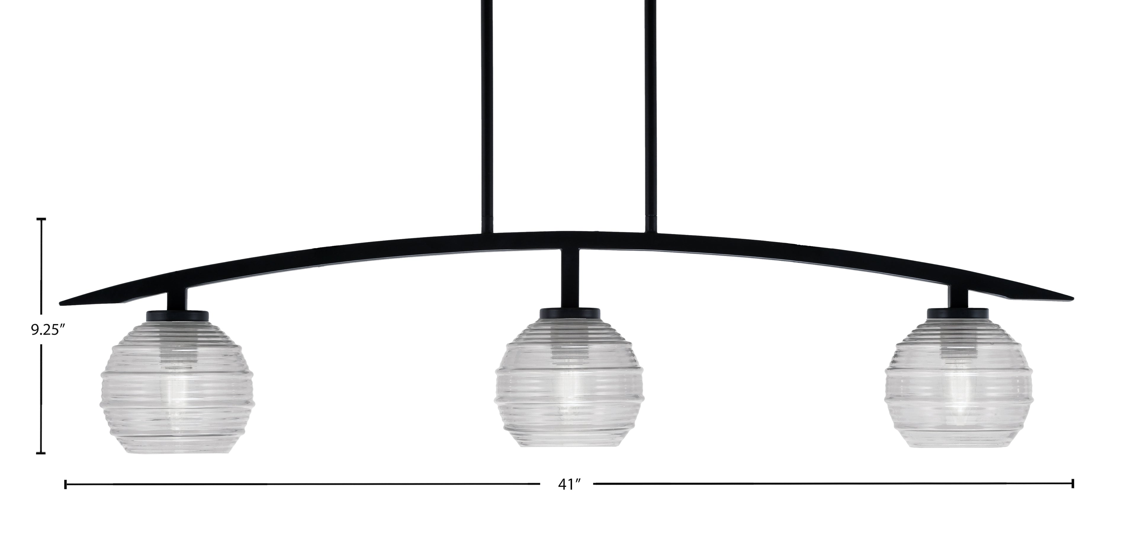 Kurve Three Light Island Pendant in Matte Black with Clear Ribbed Shade