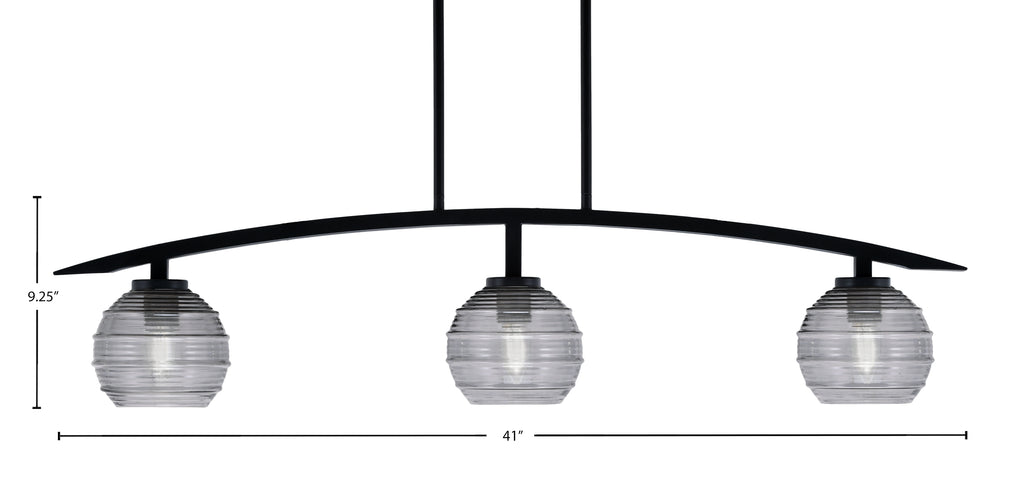 Kurve Three Light Island Pendant in Matte Black with Smoke Ribbed Shade