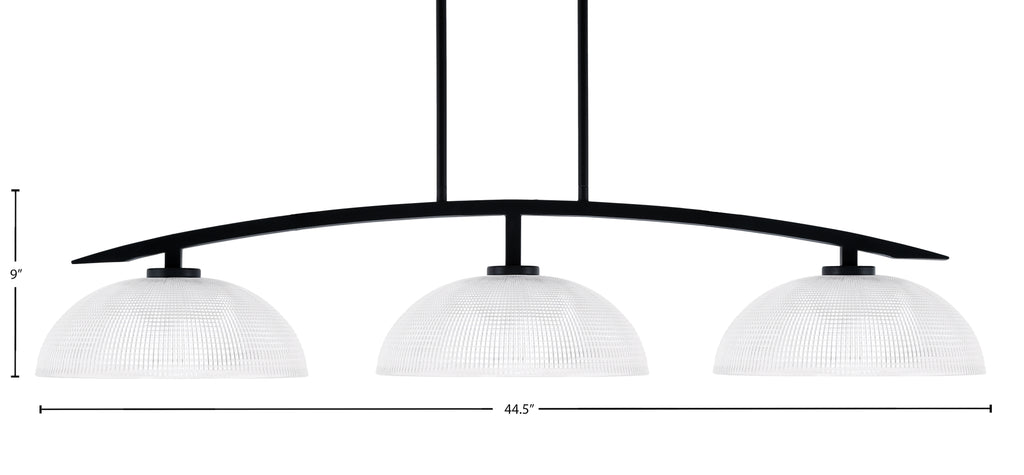 Kurve Three Light Island Pendant in Matte Black with Clear Ribbed Shade