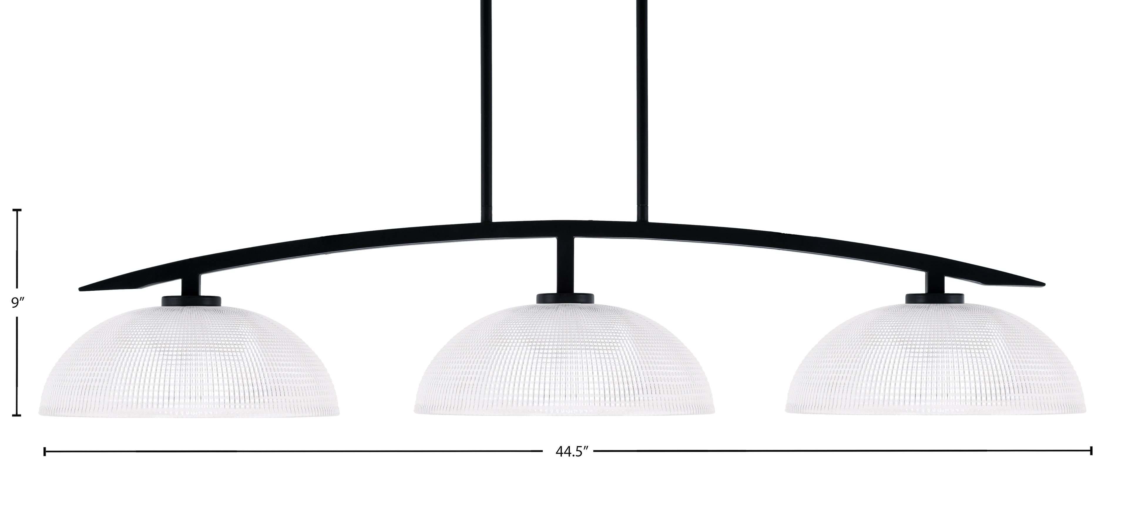 Kurve Three Light Island Pendant in Matte Black with Clear Ribbed Shade